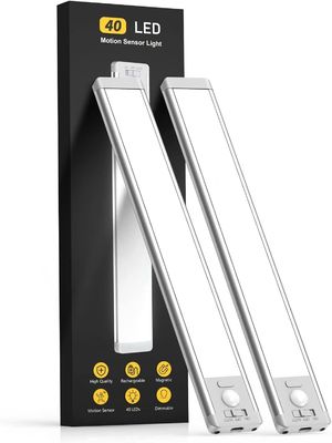 Under Cabinet Lighting,40 LED Rechargeable Battery Operated Motion Sensor Light Indoor  Magnetic Dimmable Closet Lights, Wireless Under Counter Lights for Kitchen, Stairs