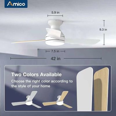 Ceiling Fans with Lights, 42 inch Low Profile Ceiling Fan with Light and Remote Control, Flush Mount, Reversible, 3CCT, Dimmable, Noiseless, White Ceiling Fan for Bedroom, Indoor/Outdoor Use