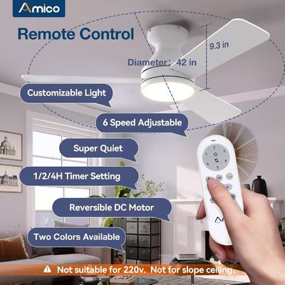 Ceiling Fans with Lights, 42 inch Low Profile Ceiling Fan with Light and Remote Control, Flush Mount, Reversible, 3CCT, Dimmable, Noiseless, White Ceiling Fan for Bedroom, Indoor/Outdoor Use