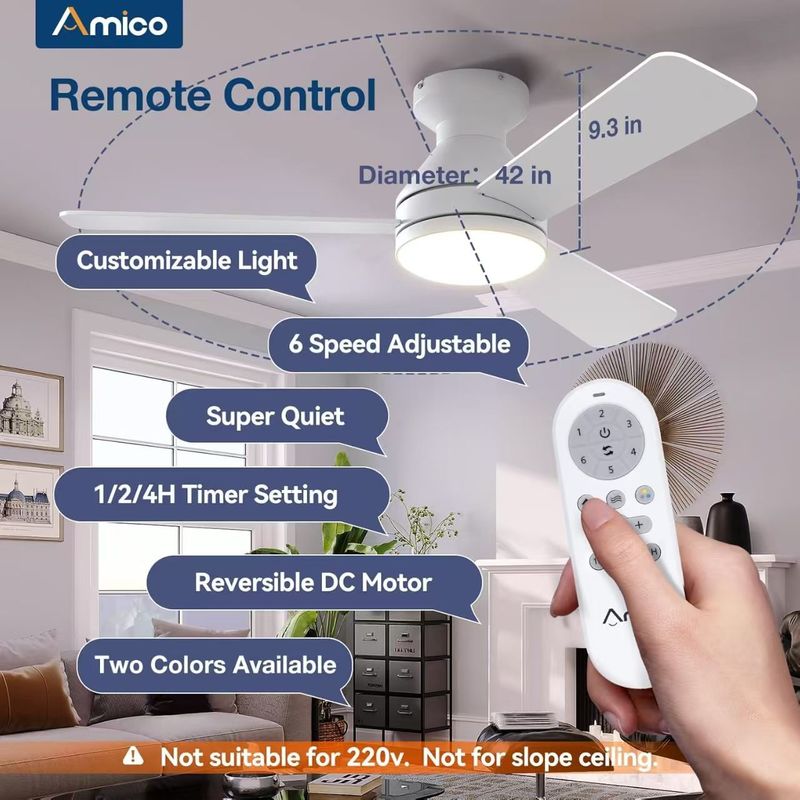 Ceiling Fans with Lights, 42 inch Low Profile Ceiling Fan with Light and Remote Control, Flush Mount, Reversible, 3CCT, Dimmable, Noiseless, White Ceiling Fan for Bedroom, Indoor/Outdoor Use